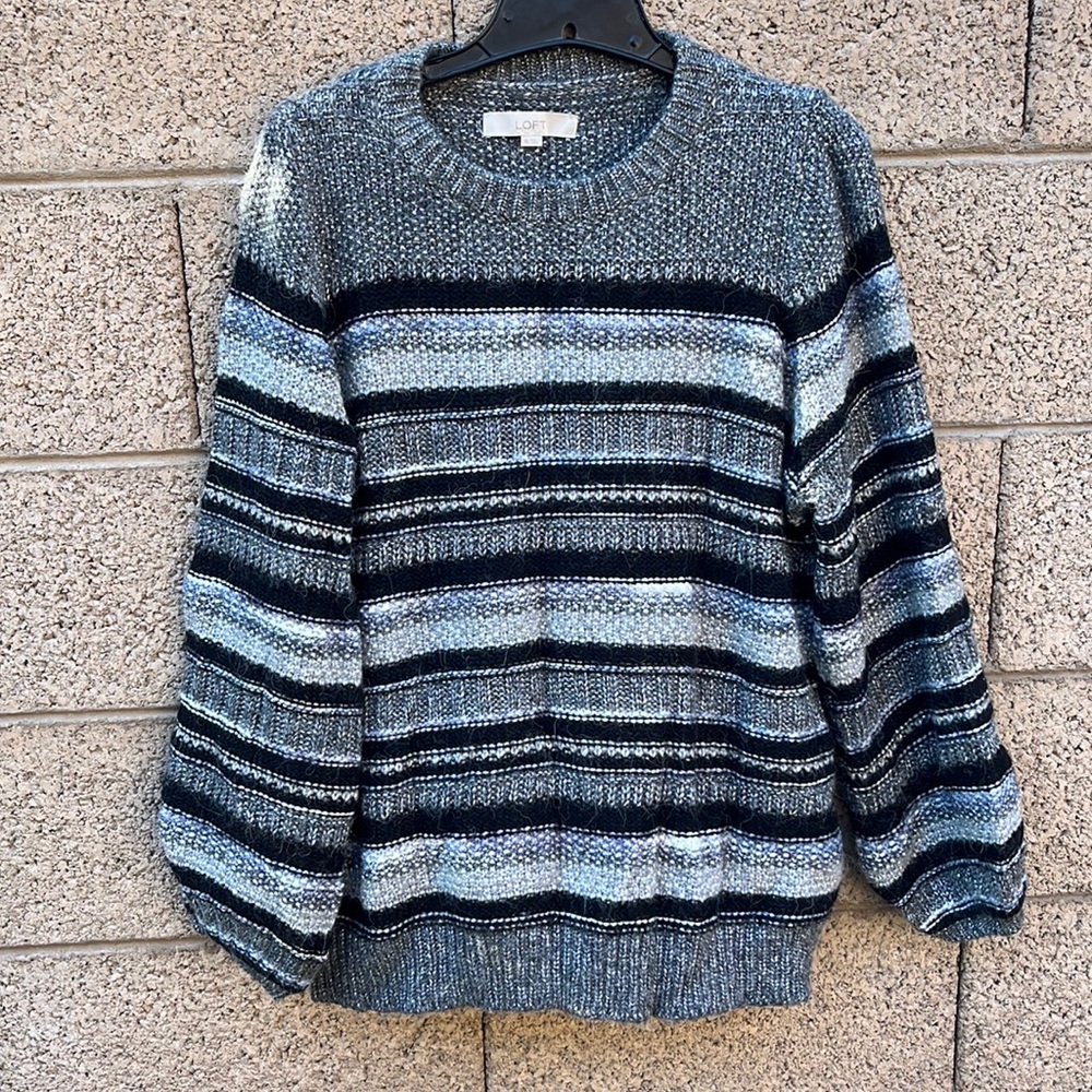 NWOT LOFT Gray Black Striped Wool Blend Chunky Knit Crewneck Sweater Size XL